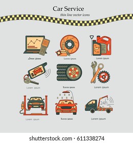 Vector thin line pictogram symbols of car service - tire service, car wash, tow truck, etc.