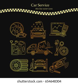 Vector thin line pictogram symbols of car service - tire service, car wash, tow truck, etc.