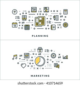 Vector Thin Line Planning and Marketing Concepts. Vector Illustration for Website Banner or Header. Flat Line Icons and Design Elements