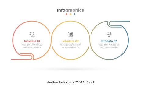 Vector thin line process design elements with circles. Business layout with marketing icons and 3 steps or options.