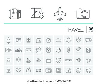 Vector thin line rounded icons set and graphic design elements. Illustration with travel, tourism outline symbols. Planning, summer, vacation, airplane, map, luggage, sunglasses linear pictogram