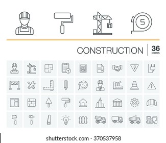 Vector thin line rounded icons set and graphic design elements. Illustration with construction, industrial, architectural, engineering outline symbols. Home repair tools, worker, building pictogram