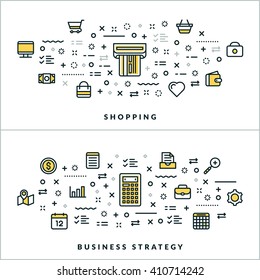 Vector Thin Line Shopping and Business Strategy Concepts. Vector Illustration for Website Banner or Header. Flat Line Icons and Design Elements