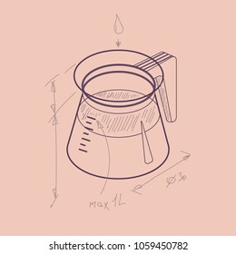 Vector thin line sketch illustration with 3D coffee pot. Coffee container in isometric drawing sketch flat style. Vector illustration