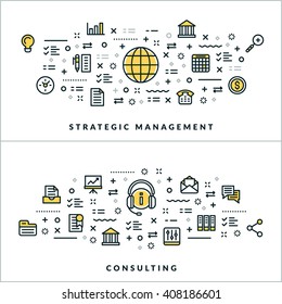 Vector Thin Line Strategic Management and Consulting Concepts. Vector Illustration for Website Banner or Header. Flat Line Icons and Design Elements