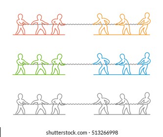 Vector thin line tug of war logo and icon. Linear figures people.