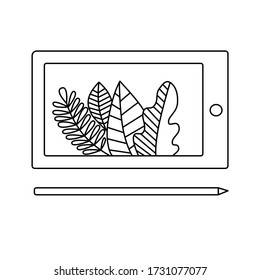 Vector thin line web icon, hand drawn doodle design, tablet or smartphone with leaves on screen and pencil, isolated on white background