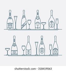 Vector thin line wine bottles and glasses design elements | Sparkling champagne bottles in trendy linear style. Ideal for restaurant and wine shop package and branding design