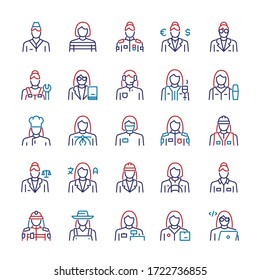 Vector Thin Linear Icon Set Of Workers Women. Outline Symbol Collection Of Different Female Occupation. Professions In Medicine, Law Enforcement, Service, Technology, Science, Farming, Cooking, Design