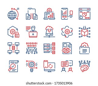 Vector thin linear icon set of Big Data. Outline symbol collection of datum analysis, charts, graphs, traffic, reports statistics, global connection, online communication, search personal information