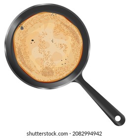 Vector thin pancake in frying pan isolated on white background.