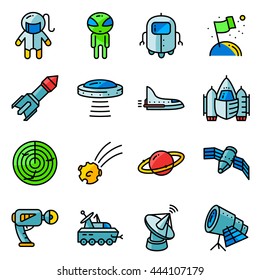 Vector thin simply space icons set with technology and expedition, UFO and alien, robot, astronaut, shuttle, rocket, radar, comet, planet, telescope, blaster, satellite in cute minimalistic style