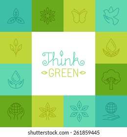 Vector think green concept in linear style - ecology  icons and signs - protect nature