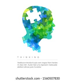 Vector thinking idea concept illustration - head made from colorful puzzle pieces