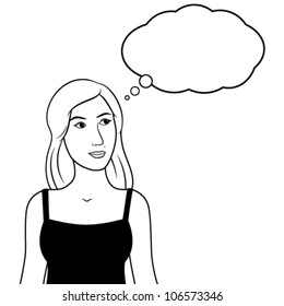 Vector thinking woman pensive. Including thought bubble with copy space. Black and white line art illustration. EPS8.