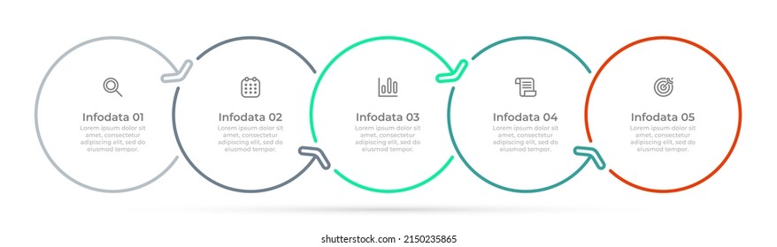 Diseño de etiquetas de plantillas de infografía de línea delgada con flechas y 5 pasos, opciones. Se puede utilizar para el proceso de línea de tiempo del negocio, gráfico de información, diseño de presentación.