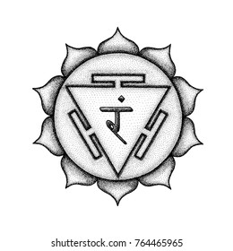 Vector third chakra Manipura sanskrit City of Jewels seed mantra Ram hinduism syllable lotus petals. Dot work tattoo style hand drawn black monochrome symbol white background for yoga meditation