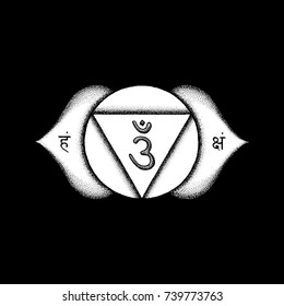 Vector third eye Ajna sixth chakra sanskrit seed mantra Om hinduism syllables on lotus petals. Dot work tattoo style hand drawn white monochrome symbol on black isolated background for meditation