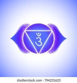 Vector third eye Ajna sixth chakra sanskrit seed mantra Om hinduism syllable lotus petals. Dot work tattoo style hand drawn white monochrome symbol blue background for yoga meditation practices
