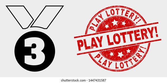 Vector third place award pictogram and Play Lottery! stamp. Red round distress seal stamp with Play Lottery! caption. Vector combination for third place award in flat style.