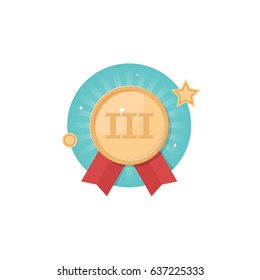 Vector third place medal icon with ribbons isolated on white background. Trophy and awards vector flat design