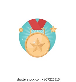 Vector third place winner medal on a ribbon icon isolated on white background. Trophy and awards vector flat design