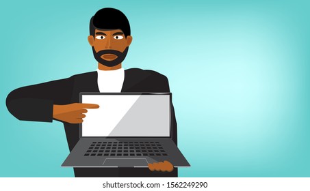 vector this man is pointing your hand at the notebook screen