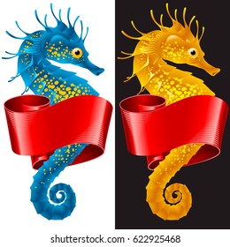 Vector Thorny Seahorse is Wrapped in Swirl Ribbon. Set of Hippocampus and Banner Frame Isolated on White. Colorful Horse Fish Icon for Beach Party, Sea Vacation, Tourism, Diving, Restaurants