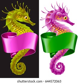 Vector Thorny Seahorse is Wrapped in Swirl Ribbon. Set of Hippocampus and Banner Frame Isolated on Background. Colorful Horse Fish Icon for Beach Party, Sea Vacation, Tourism, Diving, Restaurants