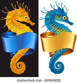 Vector Thorny Seahorse is Wrapped in Swirl Ribbon. Set of Hippocampus and Banner Frame Isolated on Background. Colorful Horse Fish Icon for Beach Party, Sea Vacation, Tourism, Diving, Restaurants