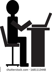 Vector of a thoughtful man working on laptop at workplace .