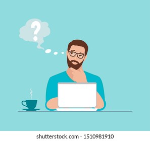 Vector of a thoughtful young man working on laptop at workplace having some questions 