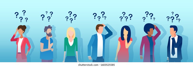 Vector of thoughtful young people men and women thinking having questions 
