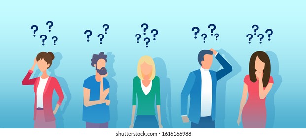 Vector of thoughtful young people men and women thinking having questions 