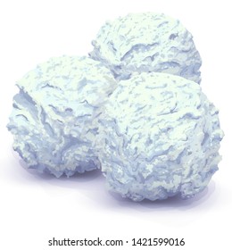 Vector three balls of delicious cream ice cream in a restaurant, very rich taste, made from natural organic products. Flavour Mint or Blue Curacao Liqueur. Hand-drawn in realistic style. Isolated 