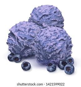 Vector three balls of delicious cream ice cream in a restaurant, very rich taste, made from natural organic products. Taste blueberry, dark ice cream. Fresh blueberries. Hand-drawn in realistic style