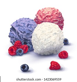 Vector three balls of delicious cream ice cream in a restaurant, very rich taste, made from natural organic products. Flavor raspberry, vanilla. Fresh raspberry, blueberries. Hand-drawn, realistic