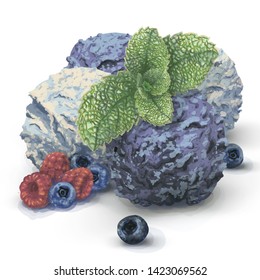 Vector three balls of delicious cream ice cream in a restaurant, very rich taste, made from natural organic products. Flavor blueberry, purple. Fresh raspberry, blueberry, mint. Hand-drawn, realistic
