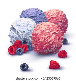 Vector three balls of delicious cream ice cream in a restaurant, very rich taste, made from natural organic products. Flavor raspberry, blueberry. Fresh raspberry, blueberries. Hand-drawn, realistic