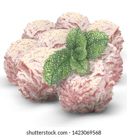 Vector three balls of delicious cream ice cream in a restaurant, very rich taste, made from natural organic products. Flavor raspberry, pink. Fresh sprig of mint. Hand-drawn, realistic style, vintage