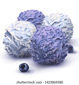 Vector three balls of delicious cream ice cream in a restaurant, very rich taste, made from natural organic products. Flavor blueberry, dark and light tone. Fresh blueberry. Hand-drawn, realistic