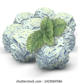 Vector three balls of delicious cream ice cream in a restaurant, very rich taste, made from natural organic products. Flavor mint, turquoise. Fresh sprig of mint. Hand-drawn, realistic style, vintage