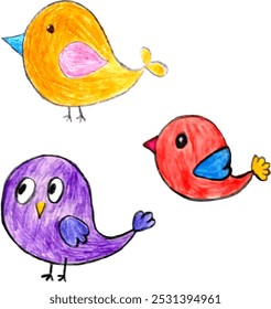 Vector tres pájaros dibujados con lápices de colores