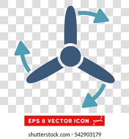 Vector Three Bladed Screw Rotation EPS vector pictogram. Illustration style is flat iconic bicolor cyan and blue symbol on a transparent background.