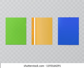 Vector three bright plastic folders - set of office supplies. Files, envelopes with self-binder, rubber band to keep documents. Translucent stationery collection isolated on background