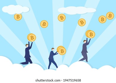 Vector - Tres hombres de negocios sostienen muchos Bitcoin sobre fondo azul del cielo. Moneda criptográfica. El futuro del dinero digital. Negocio, concepto financiero.