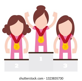 Vector of three cartoon figures of athletes women standing on a pedestal winner. Isolated white background.