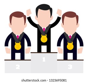 Vector of three cartoon figures of business people standing on a pedestal winner. Isolated white background.