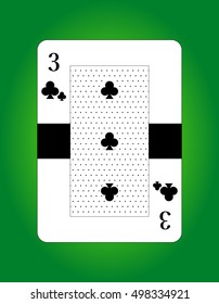 Vector of three of clubs. Playing card. Poker card. Isolated on green background.