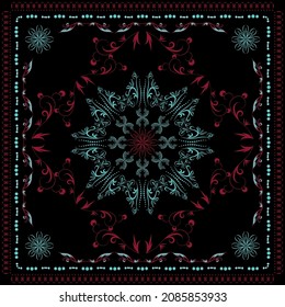 Vector three color abstract pattern in emerald red black color. Ethnic pattern, black background. Frame edging from dots of different